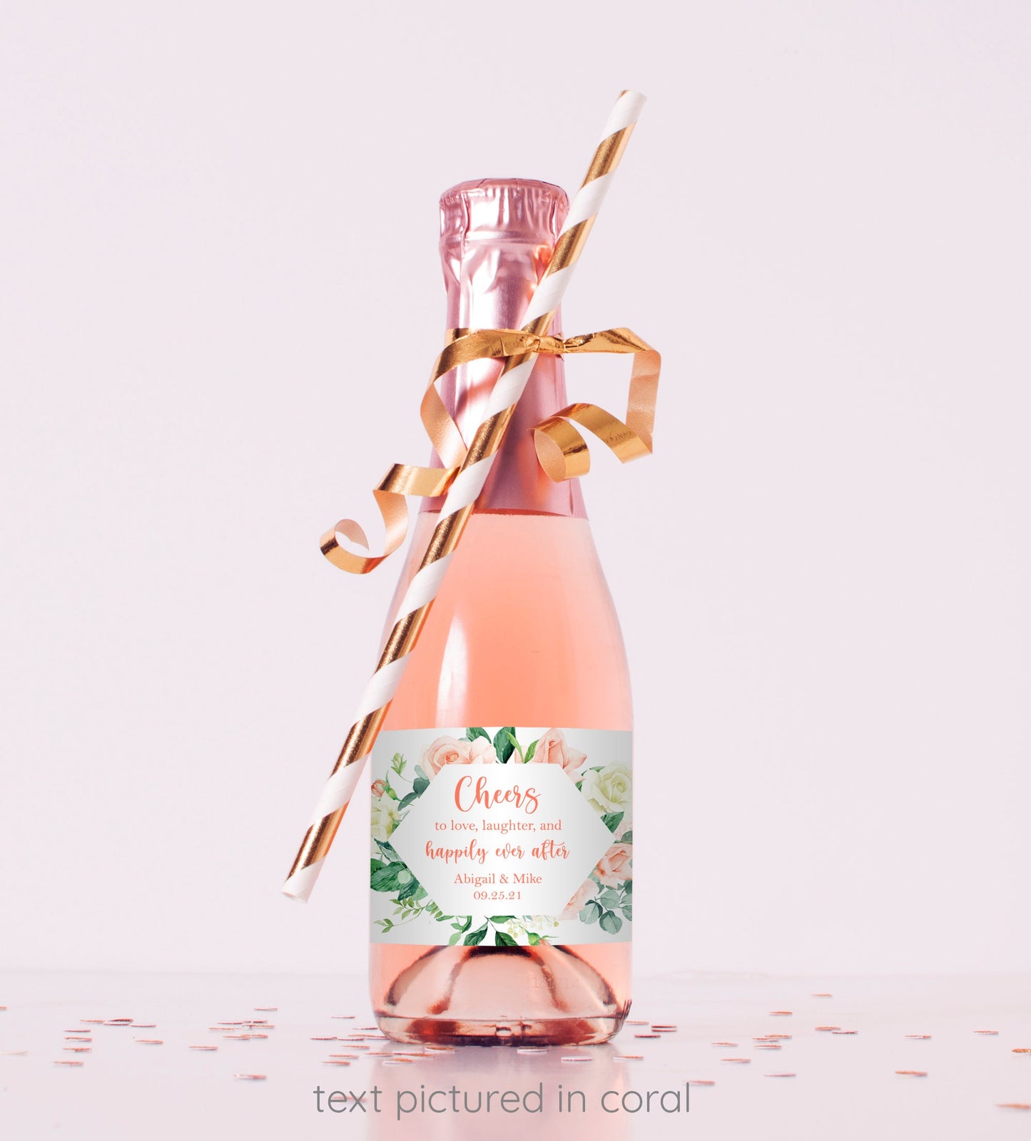 Printed Mini Wine or Mini Champagne Bottle Labels / Pink Sweet Rose - RS21