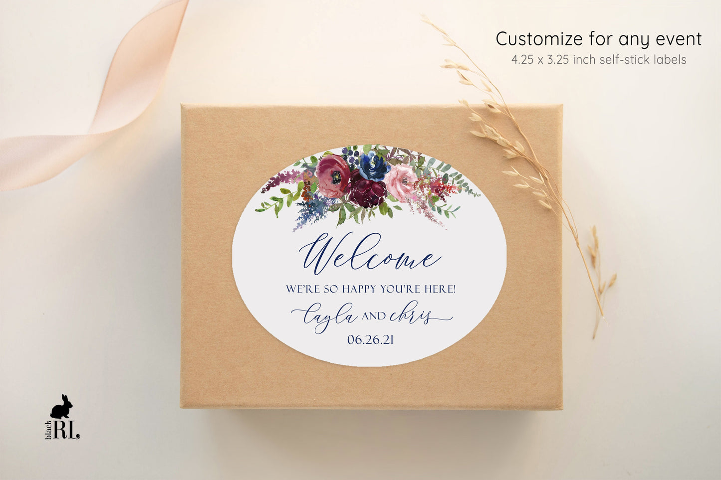 Printed Oval Bag and Box Labels / Navy and Red Fall Flowers -  NR21