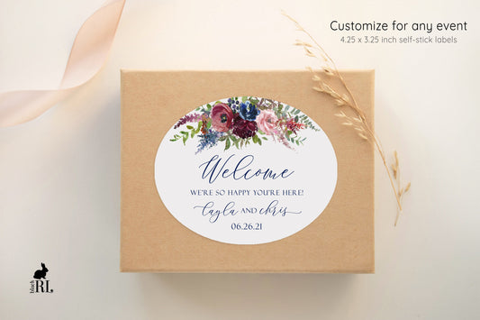 Printed Oval Bag and Box Labels / Navy and Red Fall Flowers -  NR21