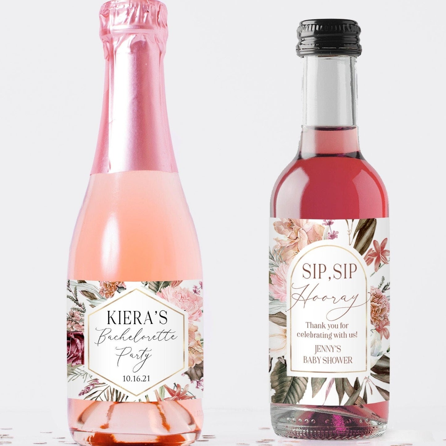 Printed Mini Wine or Mini Champagne Bottle Labels / Bohemian Large Blooms - BH21