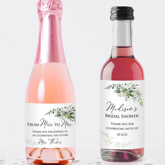 Printed Mini Wine or Mini Champagne Bottle Labels / Greenery Bouquet - GE20