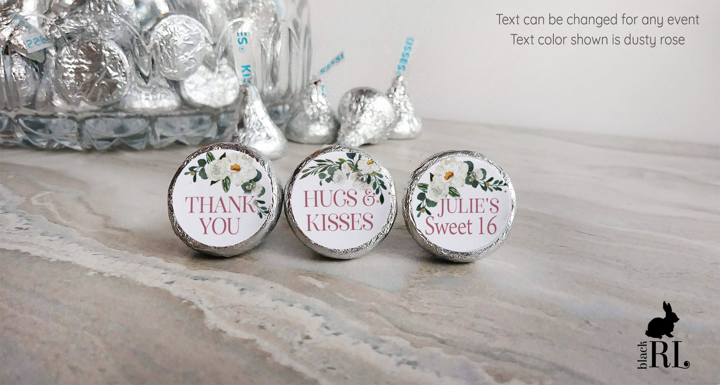 Printed Chocolate Kiss Stickers / White Blooms and Greenery - WB21