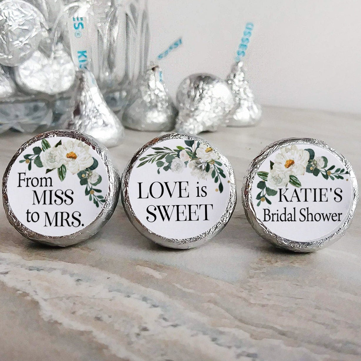 Printed Chocolate Kiss Stickers / White Blooms and Greenery - WB21