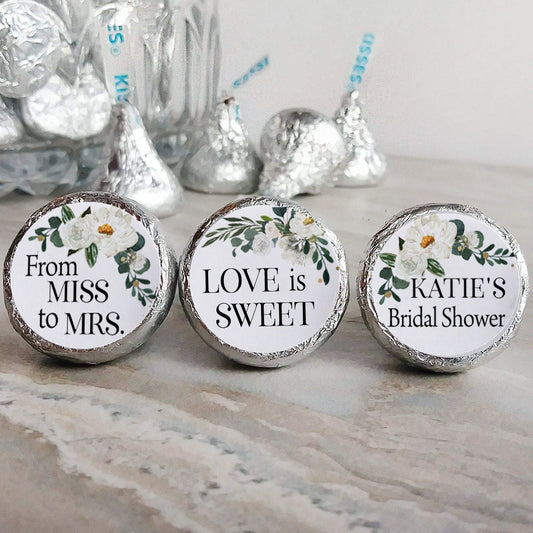 Printed Chocolate Kiss Stickers / White Blooms and Greenery - WB21