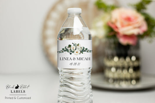 Printed Personalized Water Bottle Labels / White Flowers in Greenery - WB21