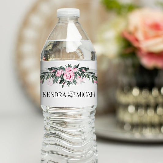 Printed Personalized Water Bottle Labels / Pink Peony Flowers in Greenery - PJ21