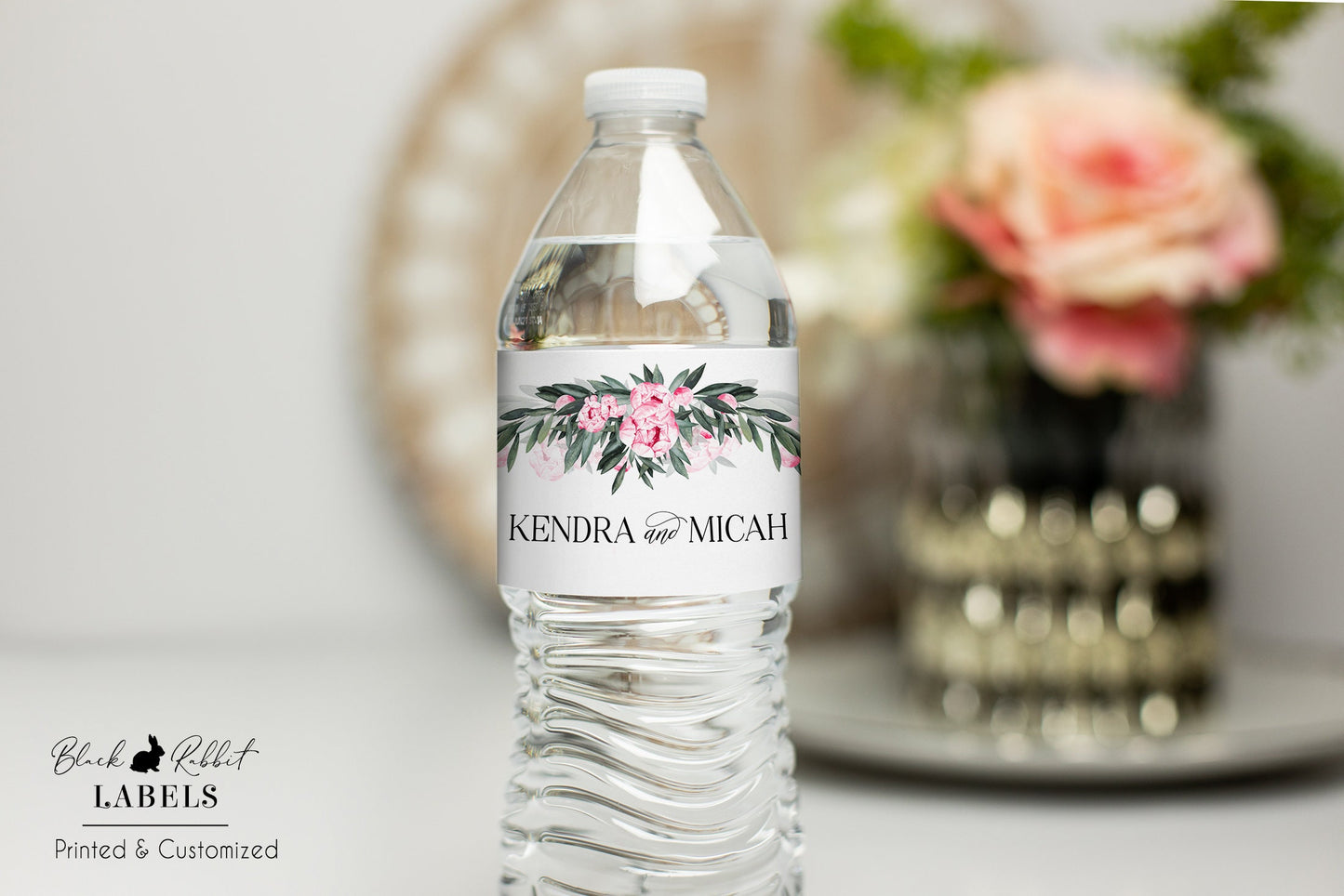Printed Personalized Water Bottle Labels / Pink Peony Flowers in Greenery - PJ21