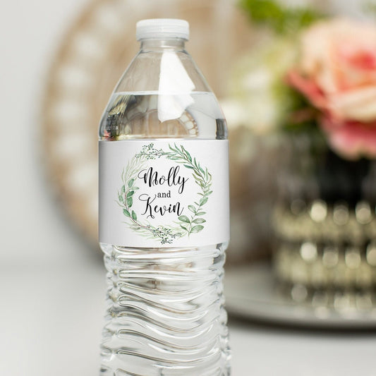 Printed Personalized Water Bottle Labels / Leaf Wreath - LW18