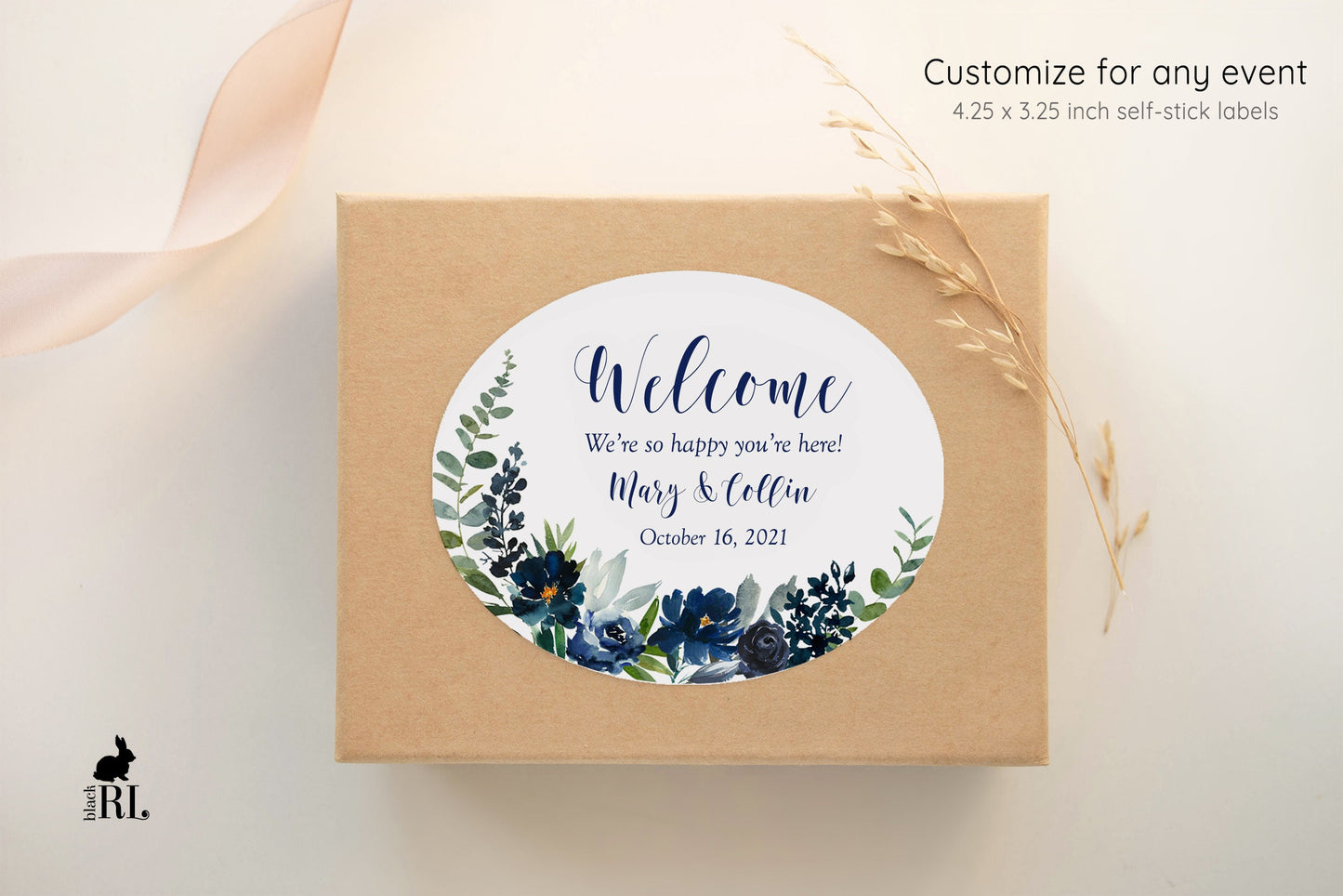 Printed Oval Bag and Box Labels / Navy Roses and Greenery Stickers - NW19