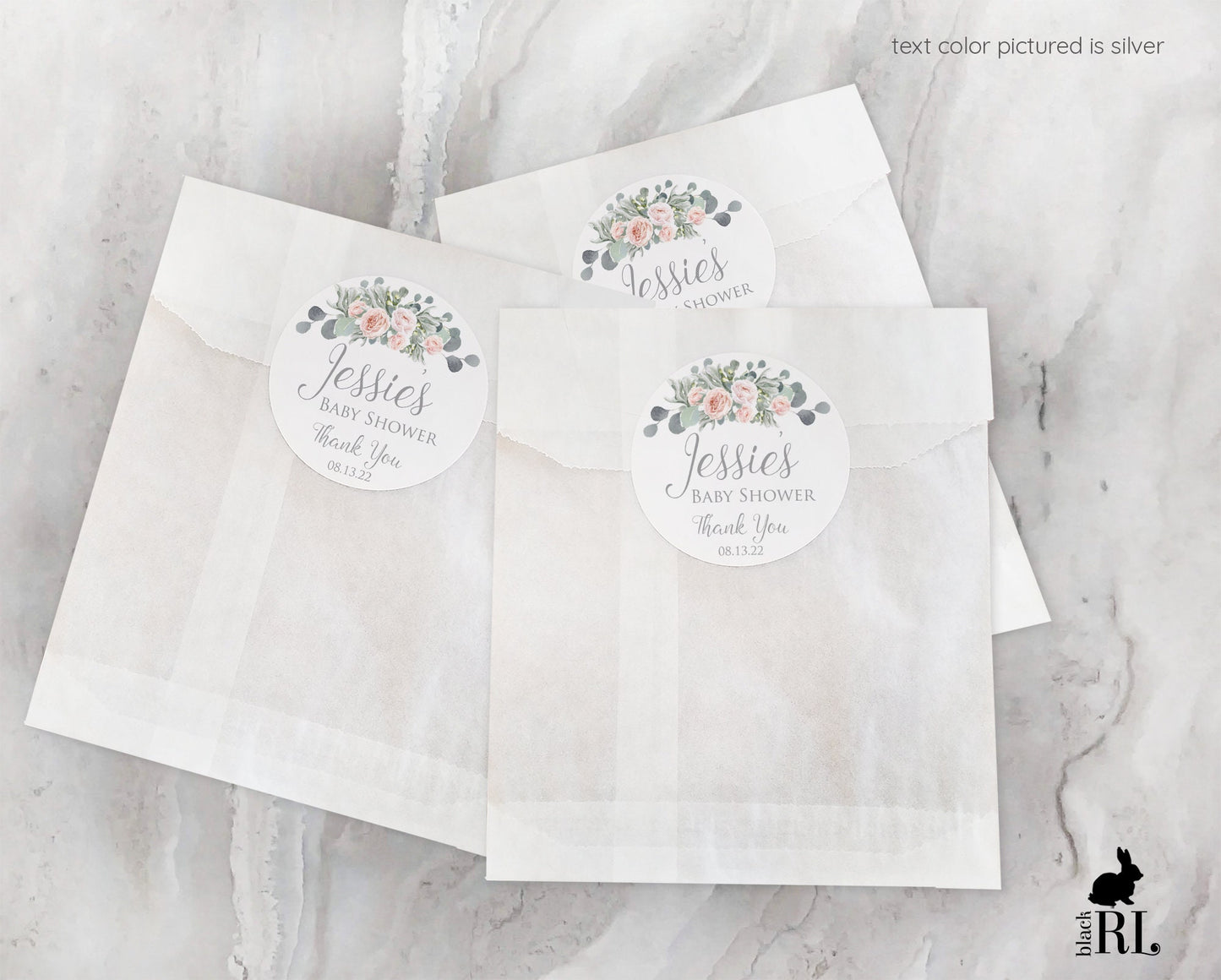 Printed Round Labels in 3 Sizes / Blush Pink Roses in Eucalyptus - RE19