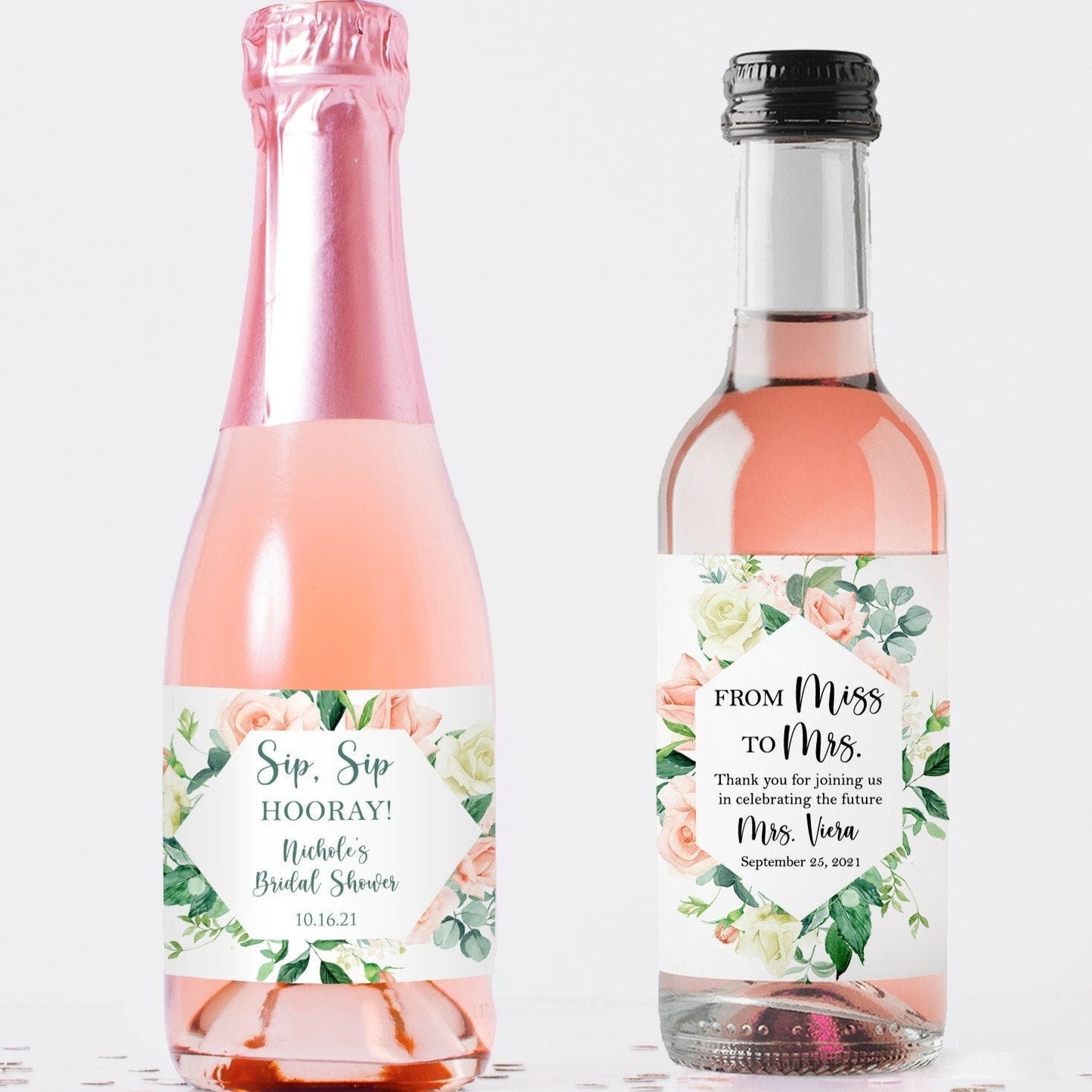 Printed Mini Wine or Mini Champagne Bottle Labels / Pink Sweet Rose - RS21