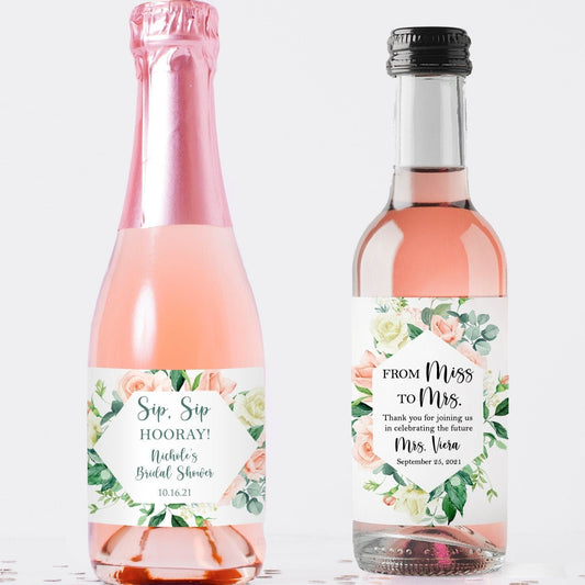 Printed Mini Wine or Mini Champagne Bottle Labels / Pink Sweet Rose - RS21