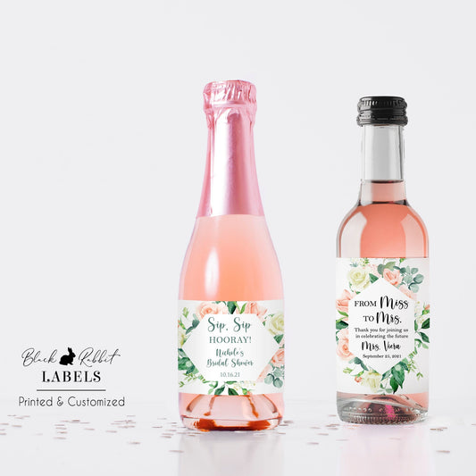 Printed Mini Wine or Mini Champagne Bottle Labels / Pink Sweet Rose - RS21