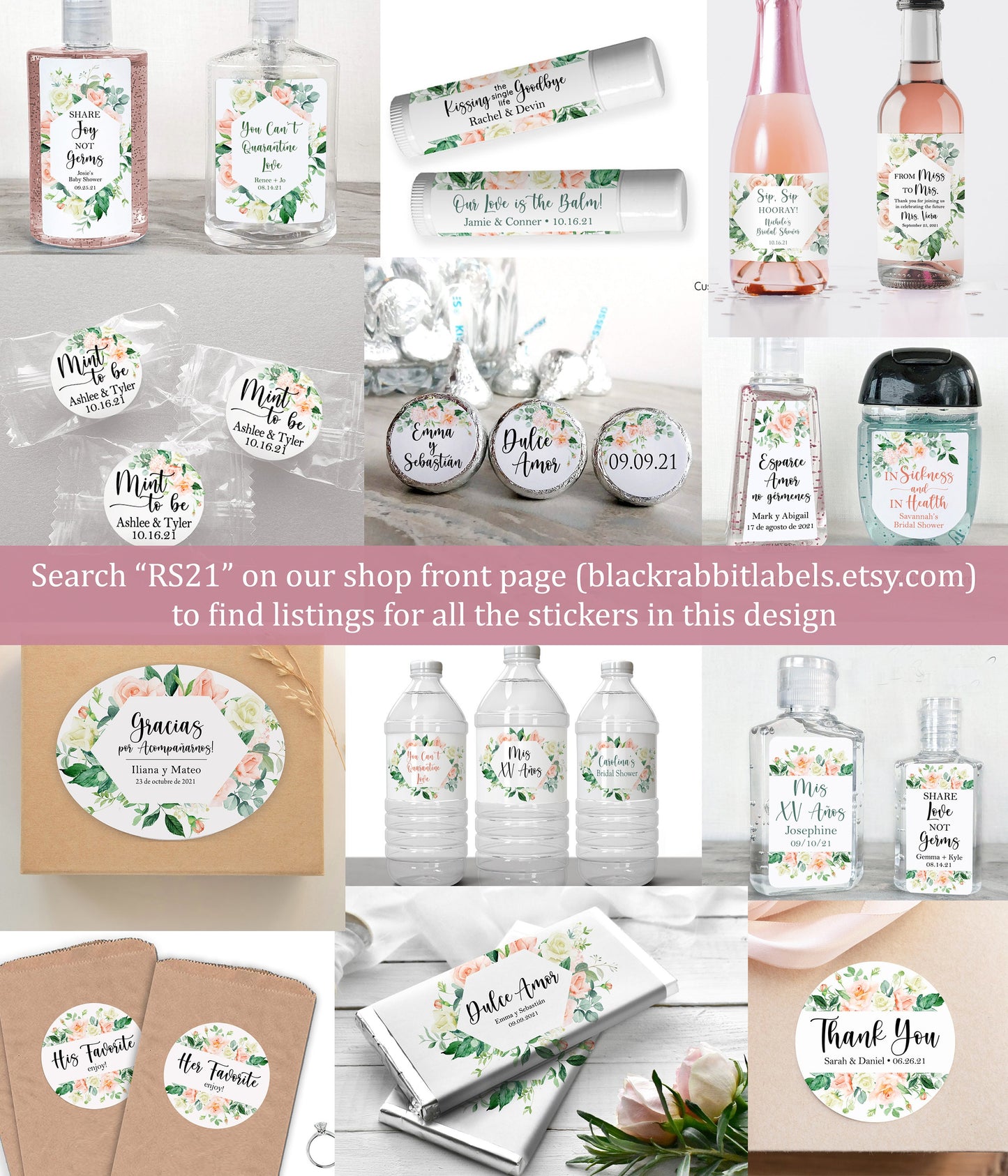 Printed Mini Wine or Mini Champagne Bottle Labels / Pink Sweet Rose - RS21