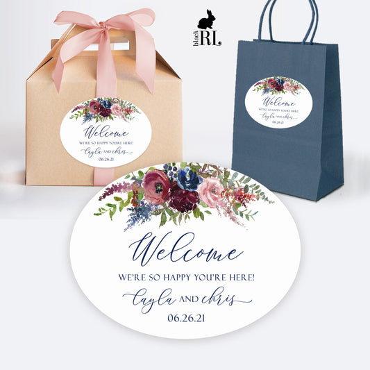 Printed Oval Bag and Box Labels / Navy and Red Fall Flowers -  NR21