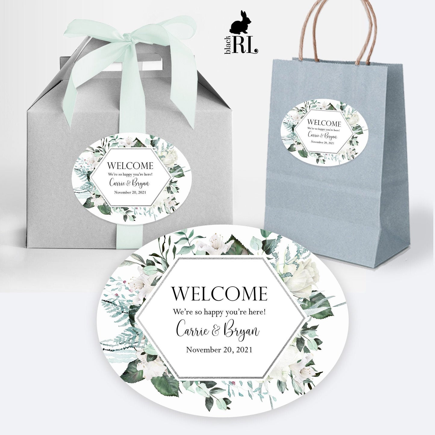Printed Oval Bag and Box Labels / Winter Crystal Greenery -  CG21