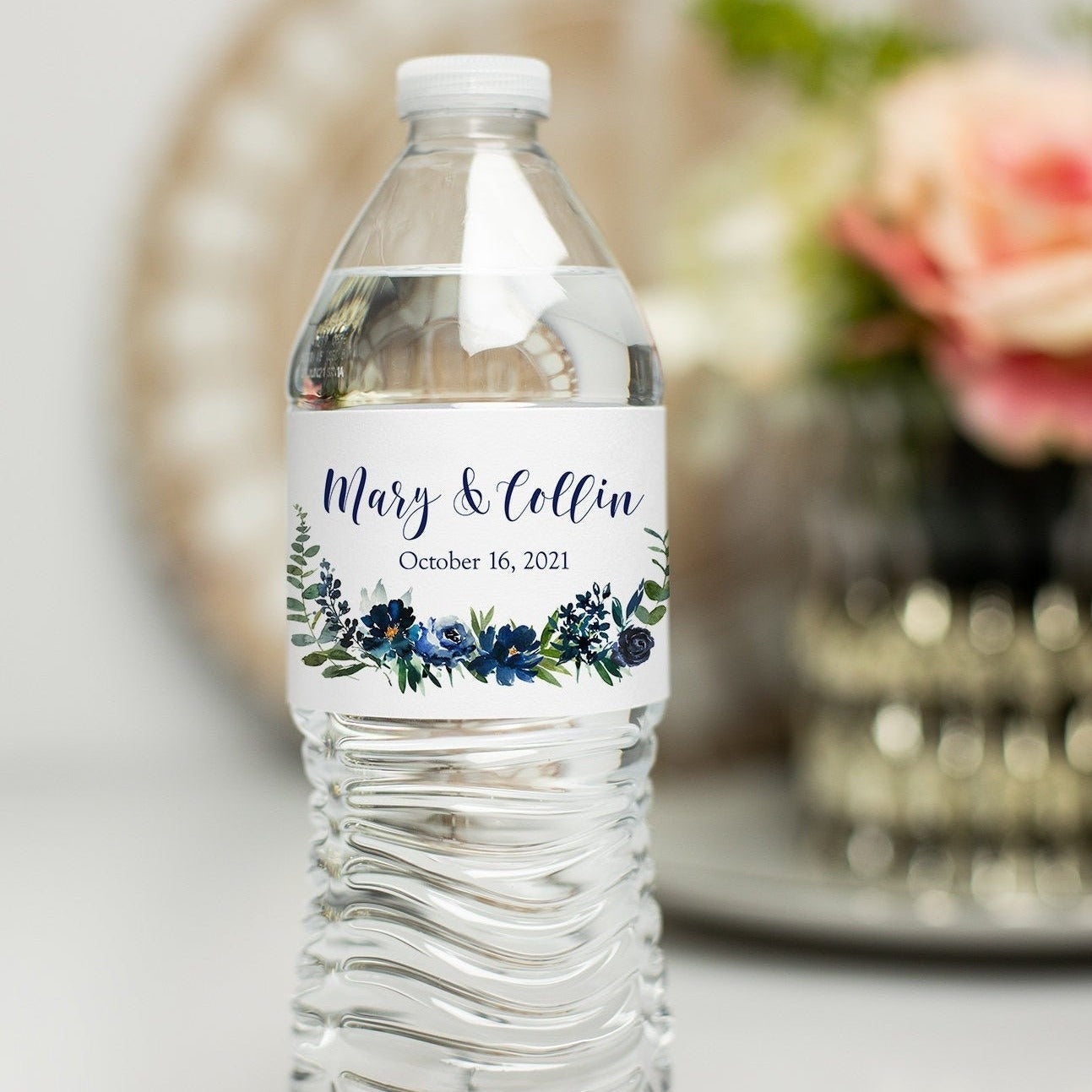 Printed Personalized Water Bottle Labels / Navy Roses and Greenery Stickers - NW19