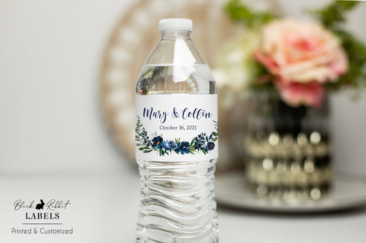 Printed Personalized Water Bottle Labels / Navy Roses and Greenery Stickers - NW19