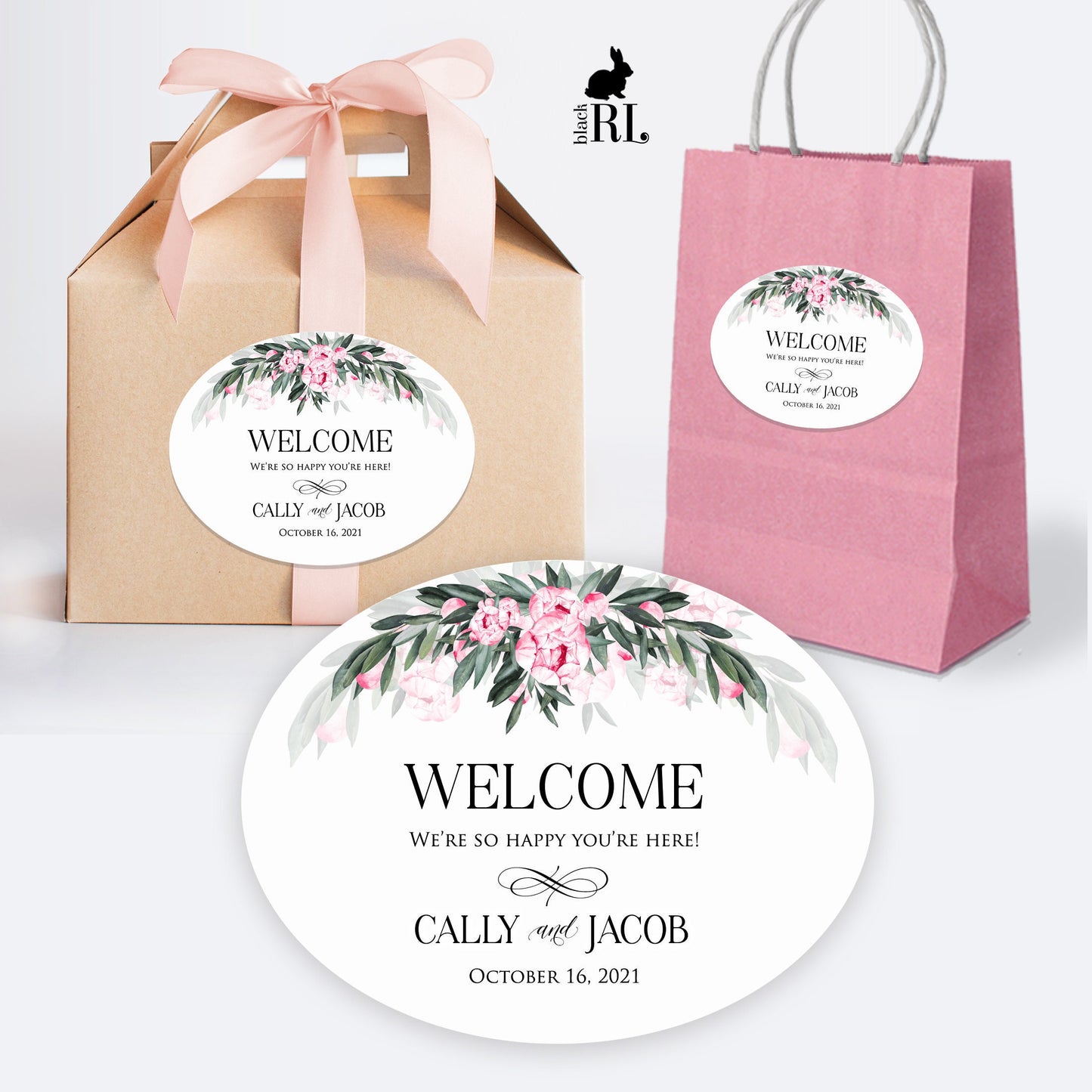 Printed Oval Bag and Box Labels / Pink Peonies -  PJ21