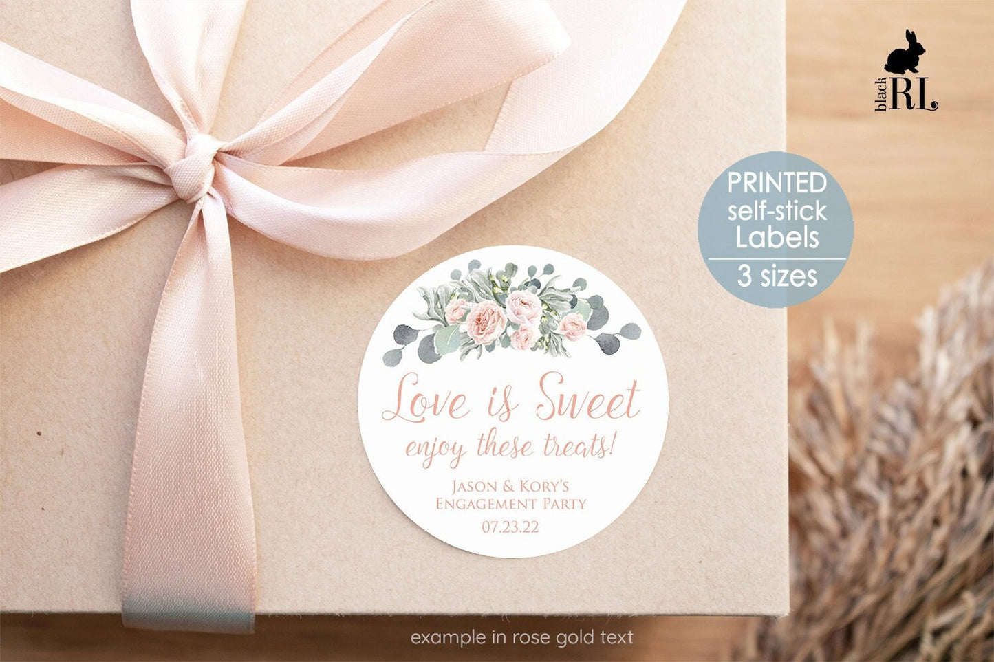 Printed Round Labels in 3 Sizes / Blush Pink Roses in Eucalyptus - RE19