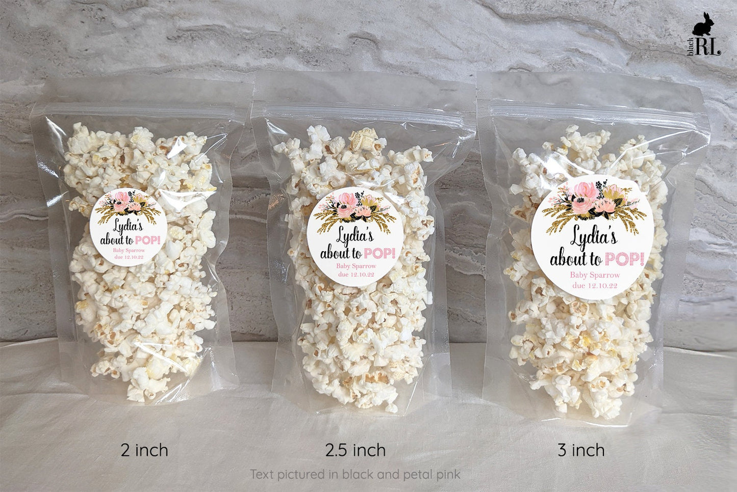 Printed Round Labels in 3 Sizes / Glitter Gold and Pink Flowers - GP21