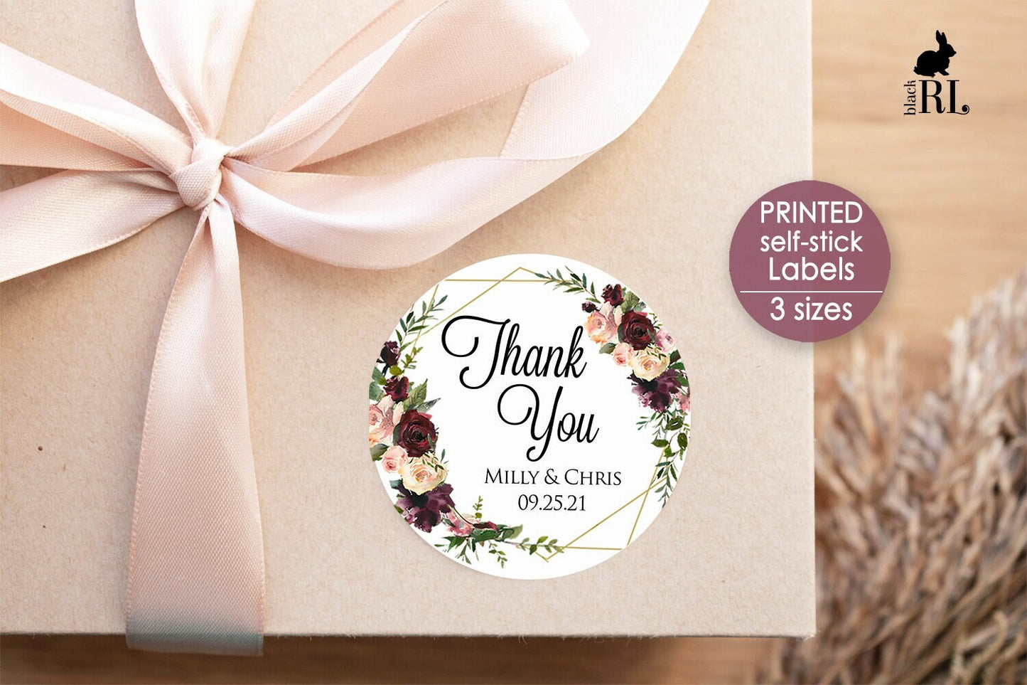 Printed Round Labels in 3 Sizes / Fall Burgundy Blush Roses Ge - BF18