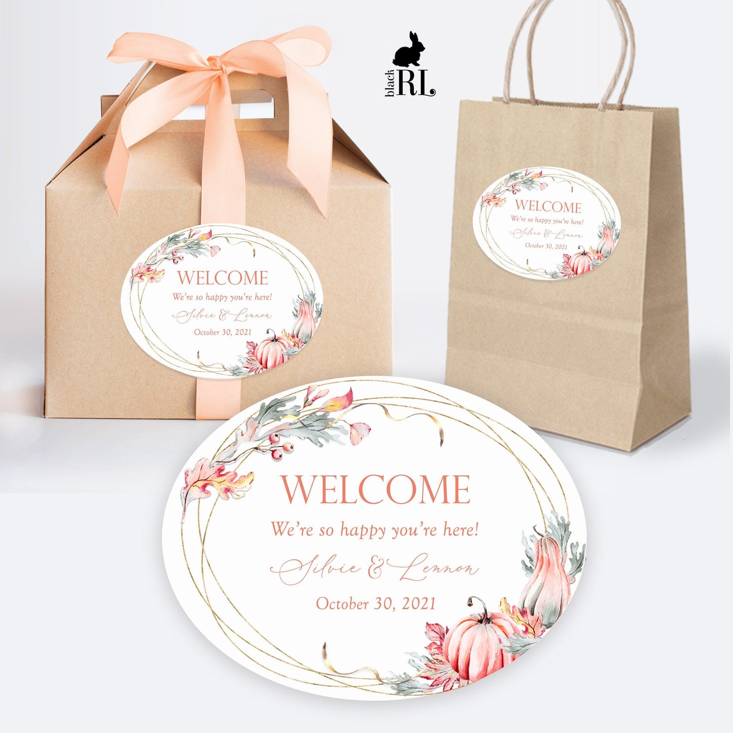 Printed Oval Bag and Box Labels / Fall Leaves with Pumpkins -  FP21