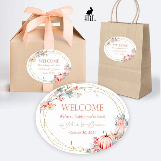 Printed Oval Bag and Box Labels / Fall Leaves with Pumpkins -  FP21