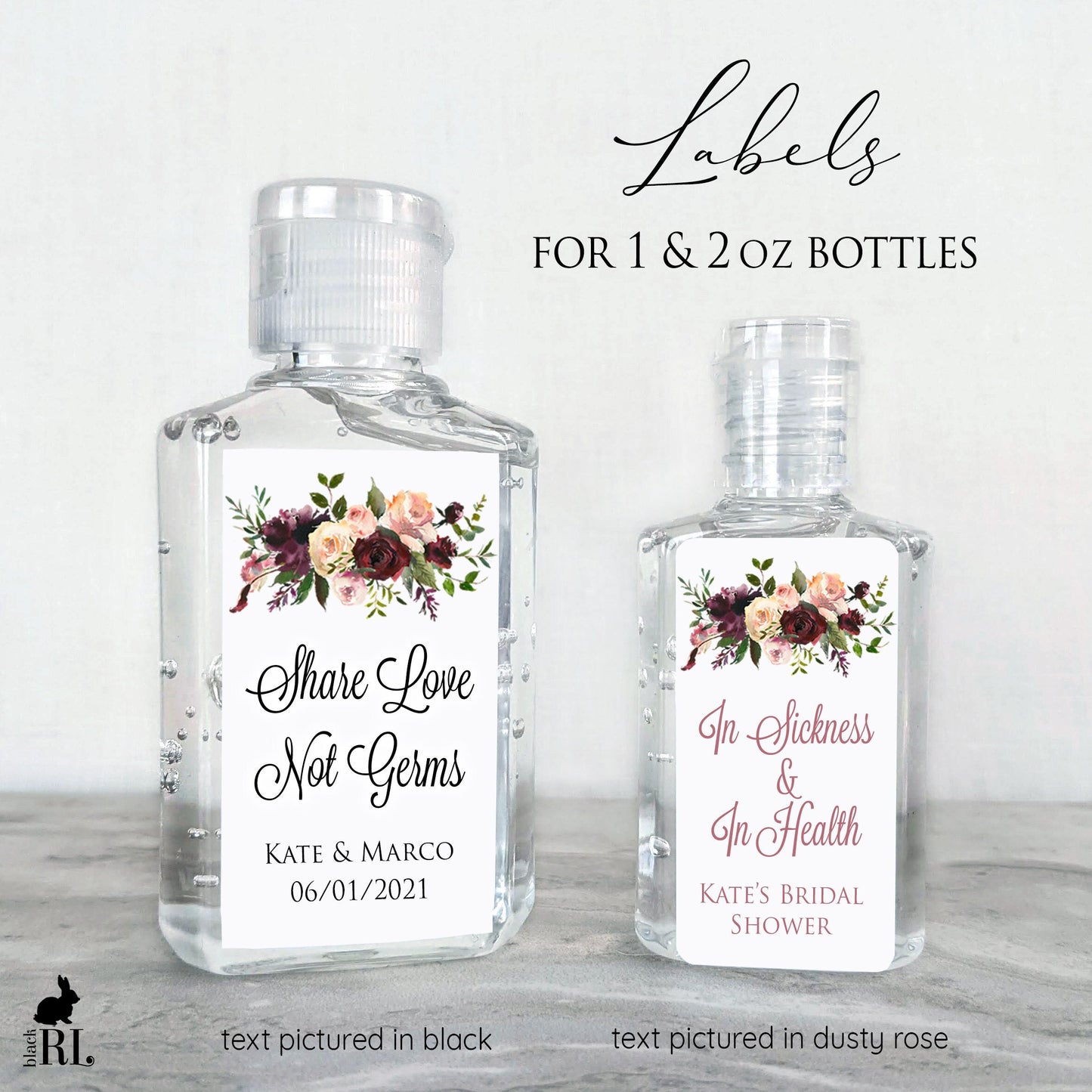 Printed Small Hand Sanitizer Labels / Burgundy and Pink Flower Stickers - BF18