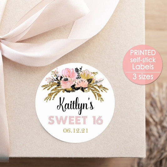 Printed Round Labels in 3 Sizes / Glitter Gold and Pink Flowers - GP21
