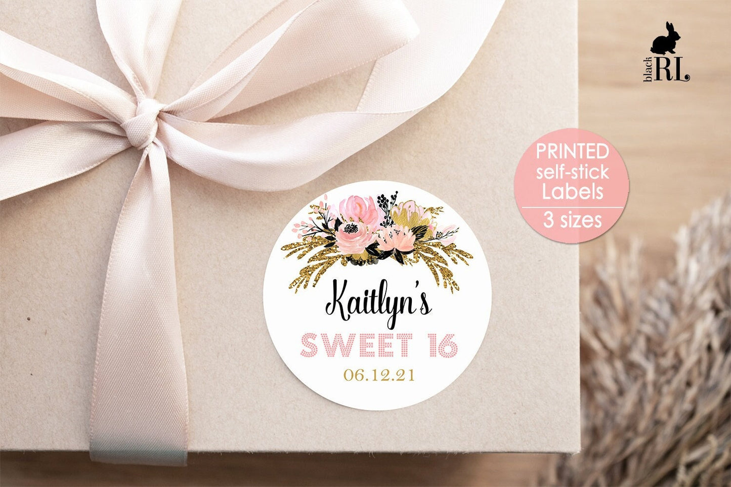Printed Round Labels in 3 Sizes / Glitter Gold and Pink Flowers - GP21