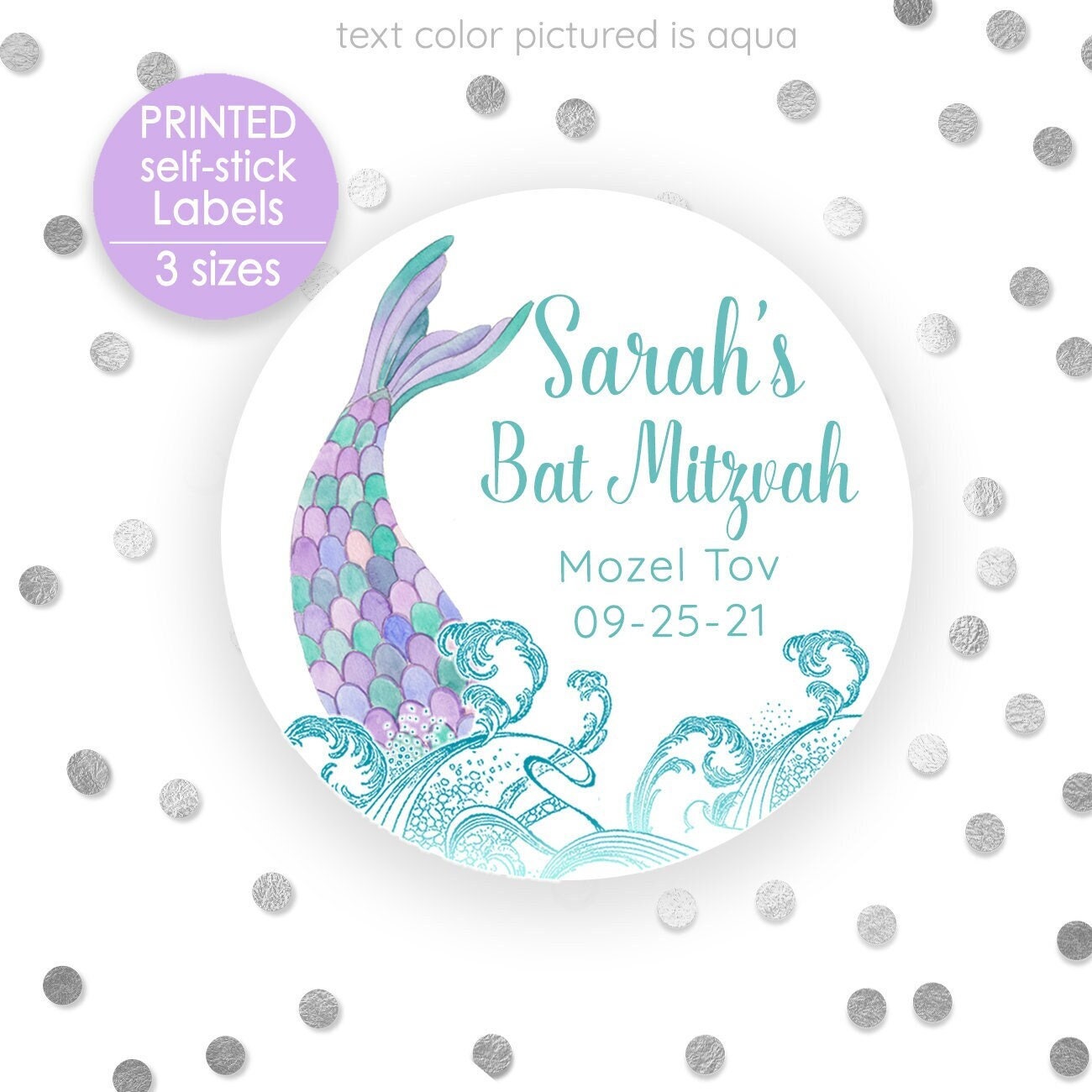 Printed Round Labels in 3 Sizes / Mermaid in Waves - MW21