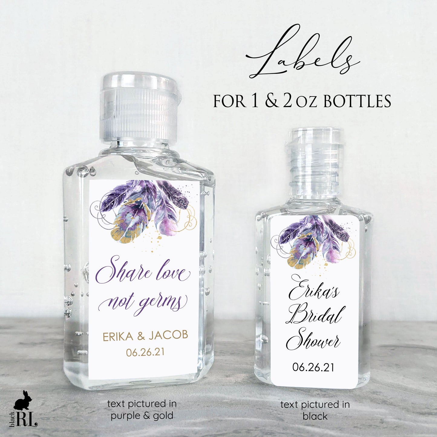 Printed Small Hand Sanitizer Labels / Purple Boho Feathers - PF20
