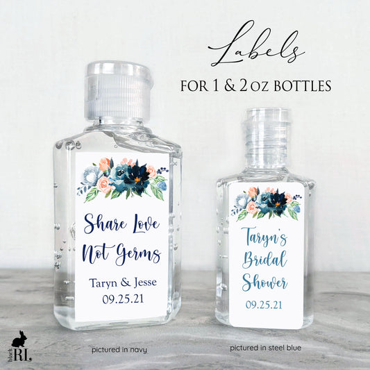Printed Small Hand Sanitizer Labels / Dusty Blue, Navy and Peach Flowers - DB19