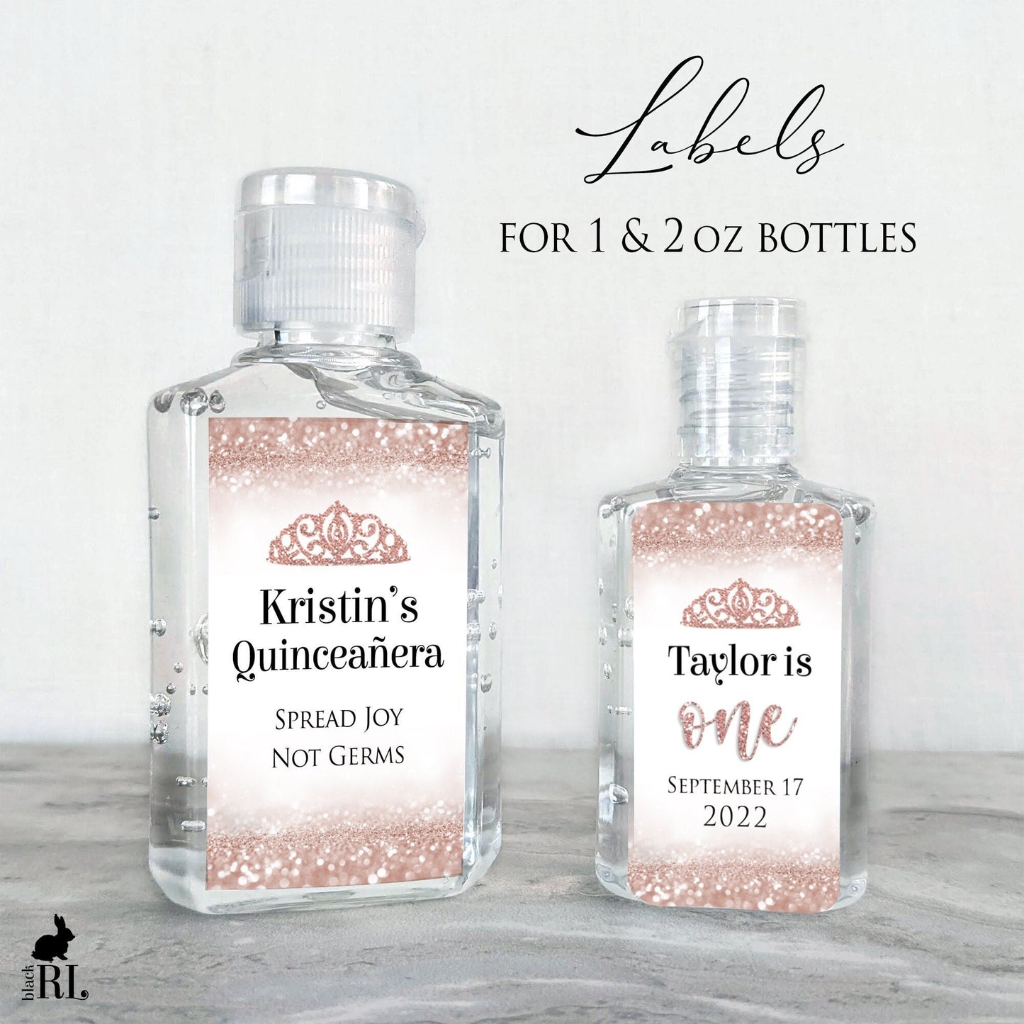 Printed Small Hand Sanitizer Labels / Pink Glitter Crown - QC21