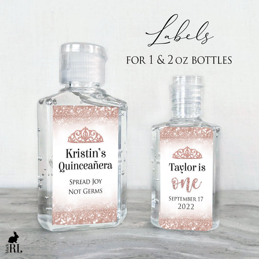 Printed Small Hand Sanitizer Labels / Pink Glitter Crown - QC21