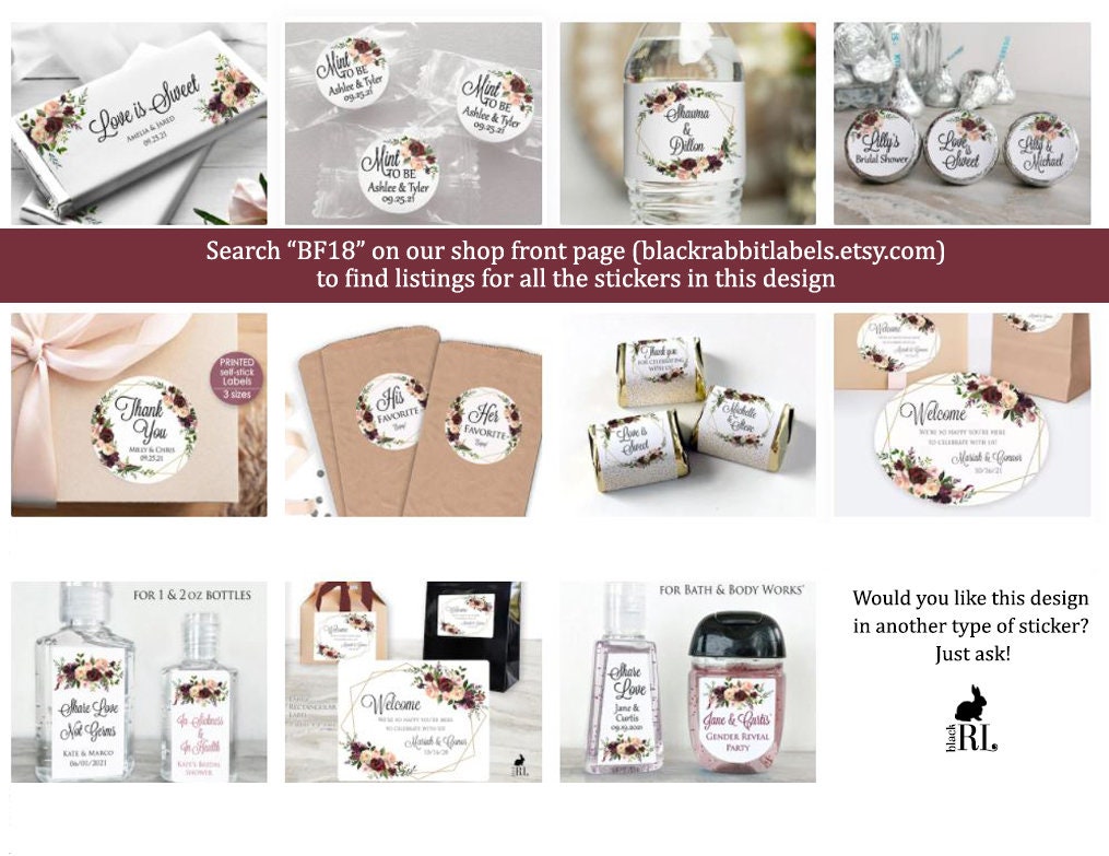 Printed Small Hand Sanitizer Labels / Burgundy and Pink Flower Stickers - BF18
