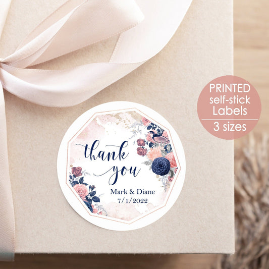 Printed Round Labels in 3 Sizes / Navy & Blush Blooms with Bird - BD22