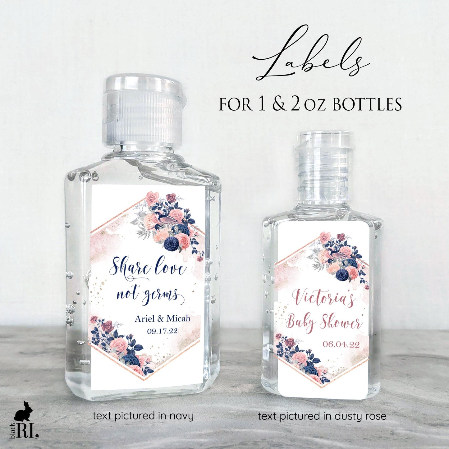 Printed Small Hand Sanitizer Labels / Navy & Blush Blooms - BD22