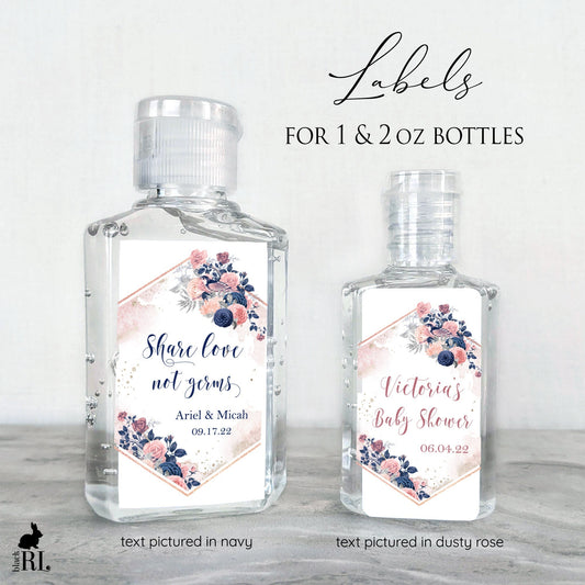 Printed Small Hand Sanitizer Labels / Navy & Blush Blooms - BD22