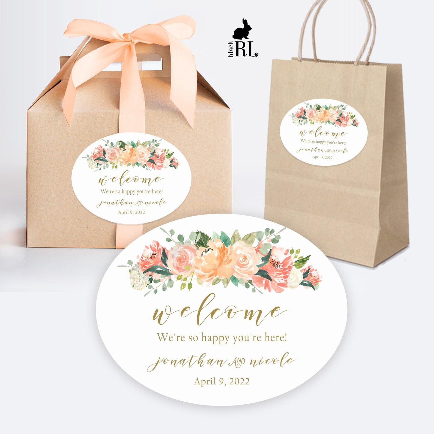 Printed Oval Bag and Box Labels / Peach Coral Bouquet  -  PQ18