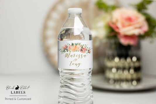 Printed Personalized Water Bottle Labels / Peach and Coral Bouquet - PQ18