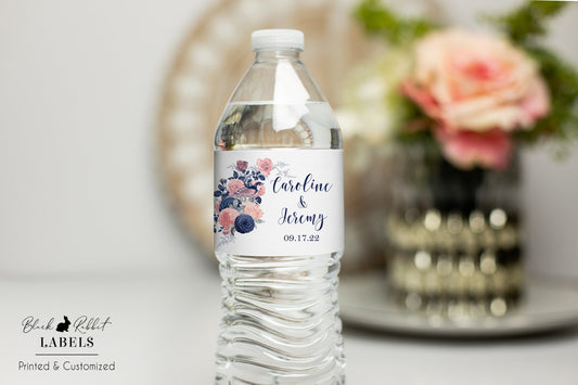 Printed Personalized Water Bottle Labels / Bird in Blush and Navy Flowers - BD22
