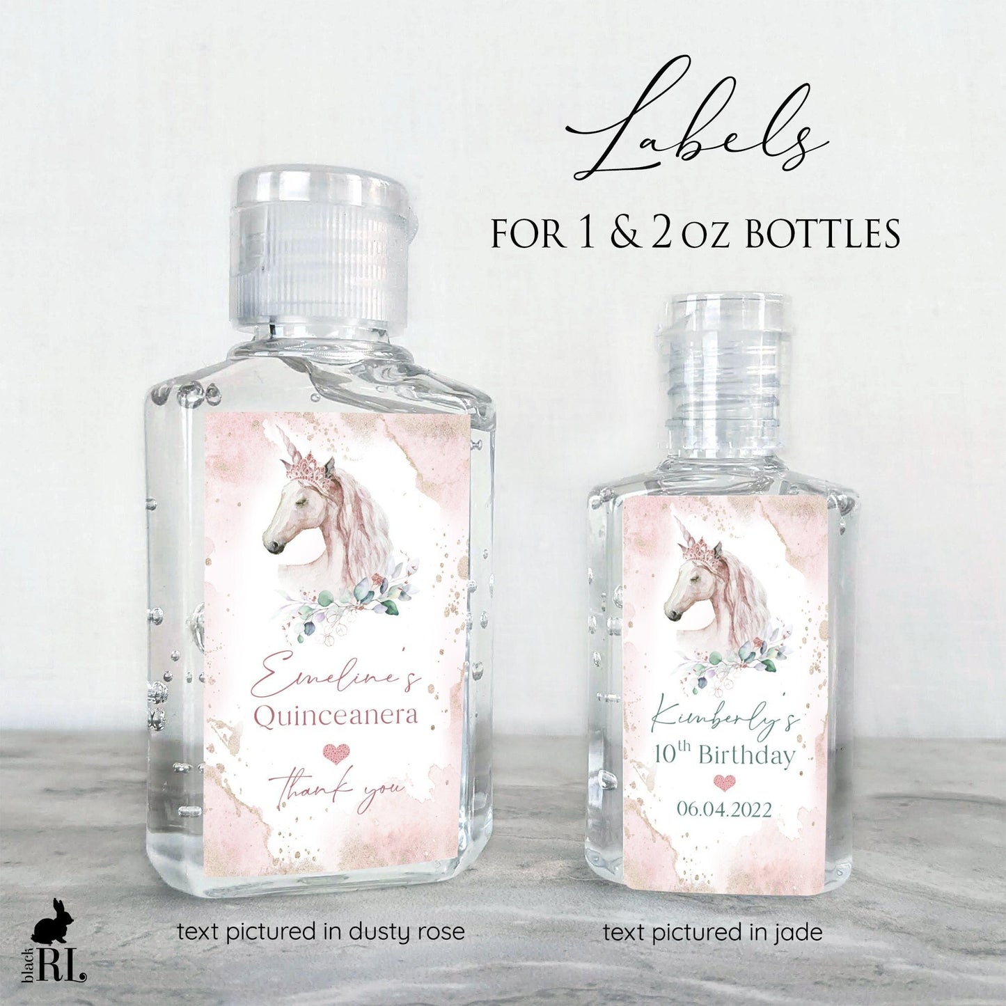 Printed Small Hand Sanitizer Labels / Pink Glitter Crown on Unicorn - UN21