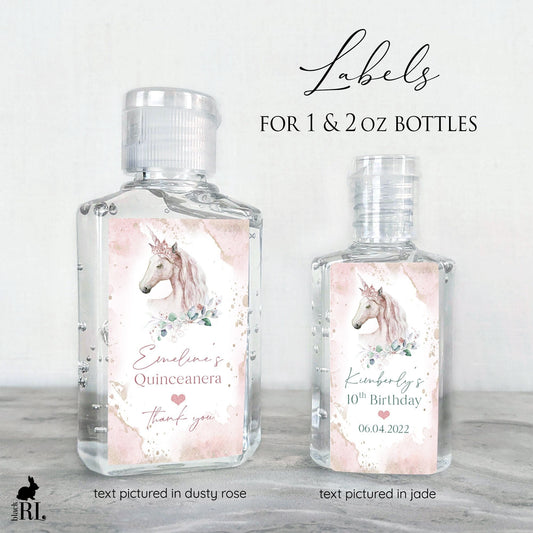 Printed Small Hand Sanitizer Labels / Pink Glitter Crown on Unicorn - UN21