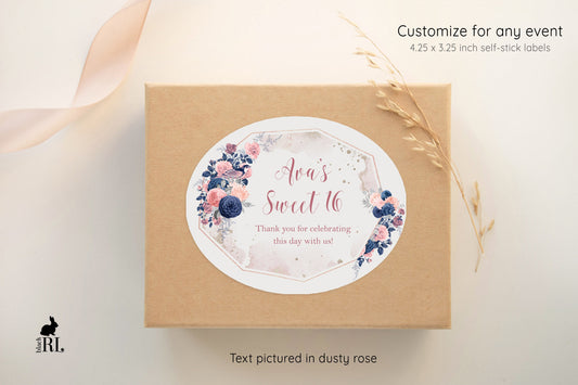 Printed Oval Bag and Box Labels / Navy and Blush Blooms -  BD22