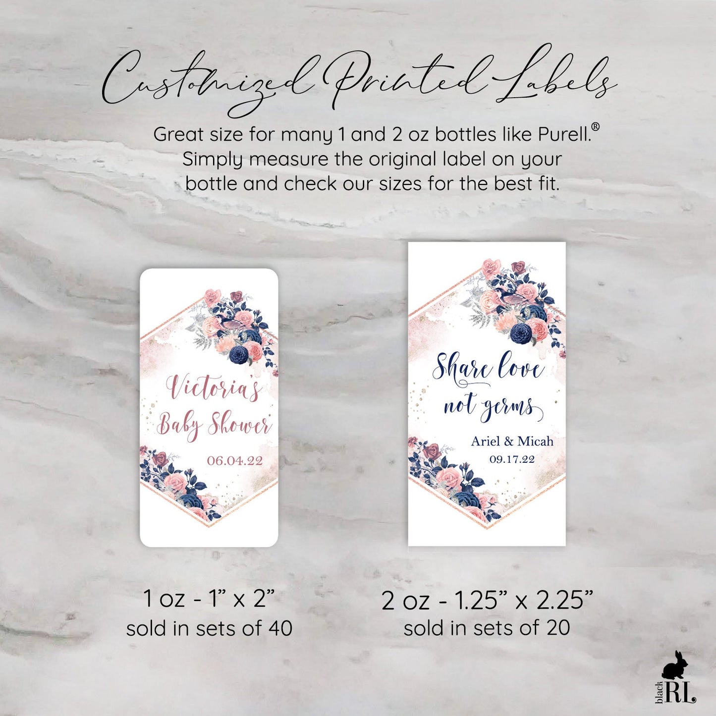 Printed Small Hand Sanitizer Labels / Navy & Blush Blooms - BD22