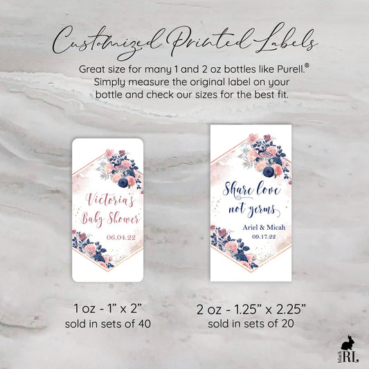Printed Small Hand Sanitizer Labels / Navy & Blush Blooms - BD22
