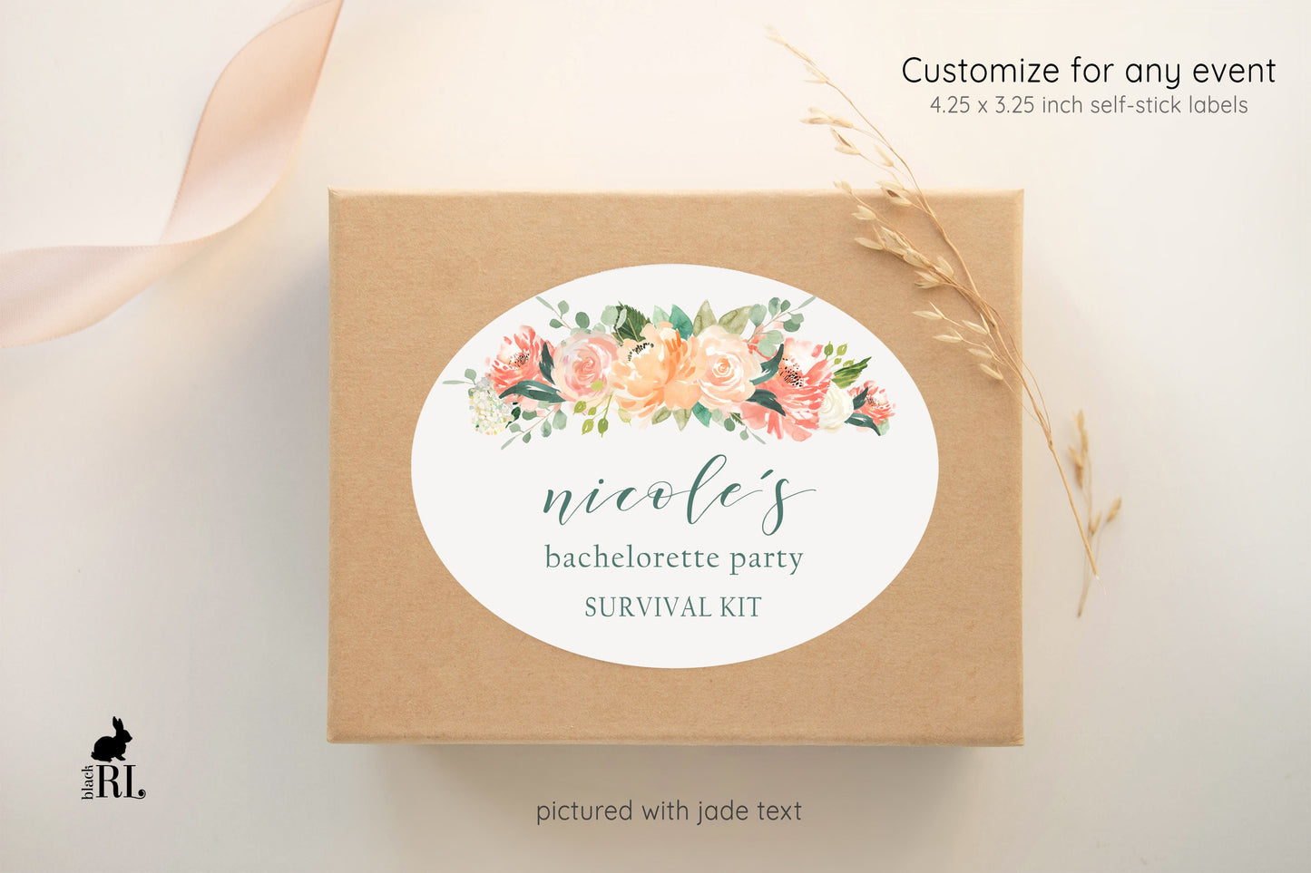 Printed Oval Bag and Box Labels / Peach Coral Bouquet  -  PQ18