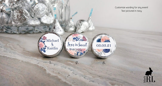 Printed Chocolate Kiss Stickers / Blush and Navy Flowers - BD22